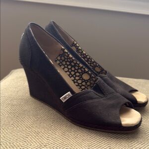 Toms Black Wedge Peep-Toe Shoes with Perforated Detail